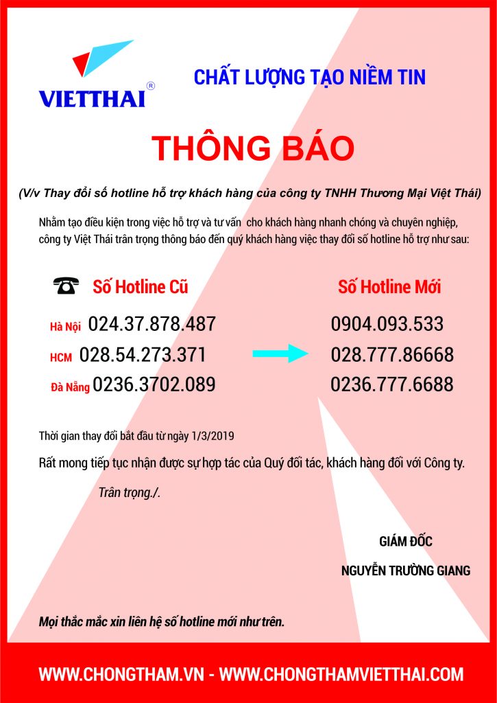 công ty Việt Thái thông báo thay đổi số hotline
